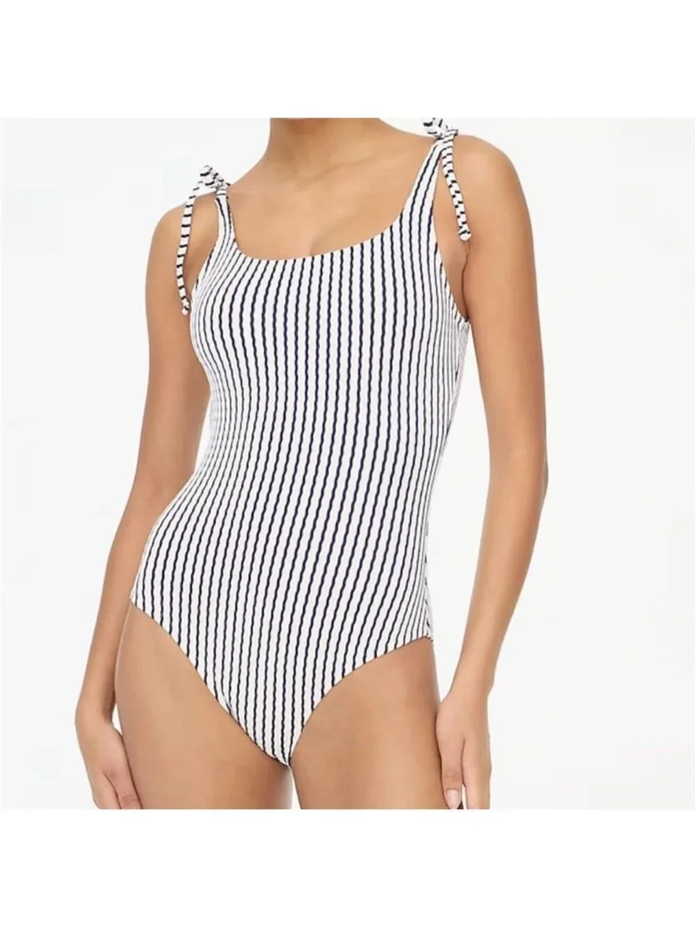 NWT J. Crew Navy/White Striped Ribbed Tie-Shoulder One Piece Swimsuit Small